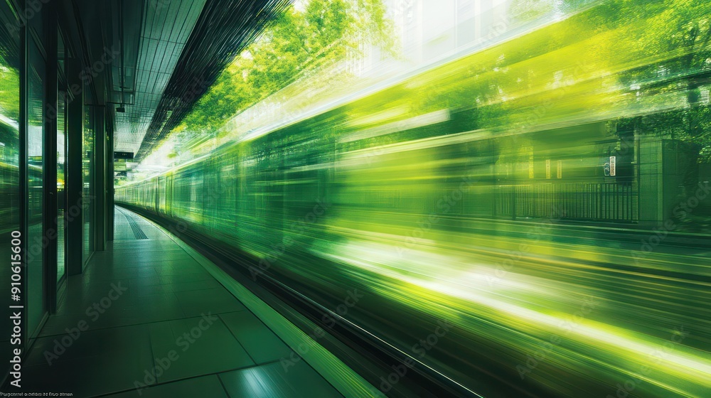 Poster A train is moving through a tunnel with green trees in the background