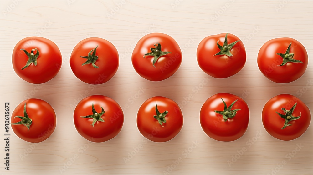 Poster a top view of ten ripe red tomatoes arranged in two rows on a light wooden surface. each tomato has 