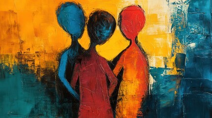 Obraz premium Three people are painted on a canvas, with one person in the middle