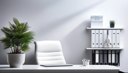 A simple, organized office with a sense of depth and a white base.