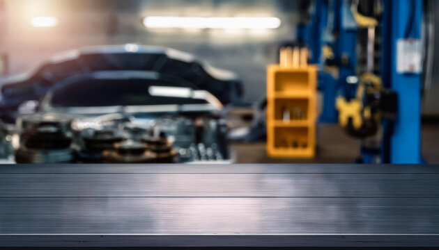 Empty wood table top with car service centre auto repair workshop blurred background