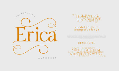 Erica swash luxury elegant alphabet letters and numbers. Vintage wedding typography classic serif font decorative vintage retro. creative vector illustration