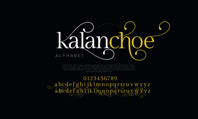 Kalanchoe swash luxury elegant alphabet letters and numbers. Vintage wedding typography classic serif font decorative vintage retro. creative vector illustration