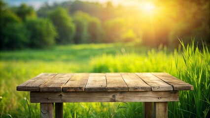 Naklejka premium Rustic wooden table standing alone in a serene setting, surrounded by a soft, blurred green grass background with subtle natural textures and tones.