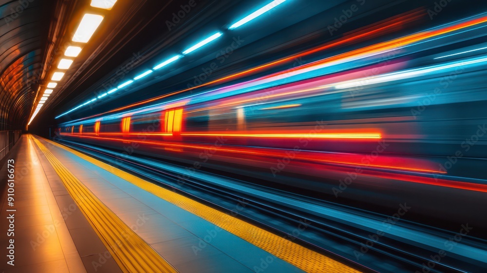 Poster a train is moving through a tunnel with bright lights