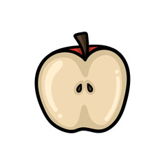 An illustration of a red apple cut in half on a white background