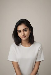 Fototapeta premium Beautiful Indian Female Model Wearing White TShirt on Plain Background