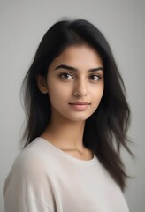 Fototapeta premium Beautiful Indian Female Model Wearing White TShirt on Plain Background