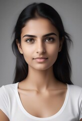 Fototapeta premium Beautiful Indian Female Model Wearing White TShirt on Plain Background