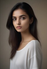Naklejka premium Beautiful Indian Female Model Wearing White TShirt on Plain Background