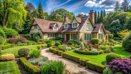 Serene summer haven: Charming cottage, lush greenery, and ornate gardens surround a picturesque luxury estate, exuding warmth, elegance, and sophistication in a tranquil rural setting.