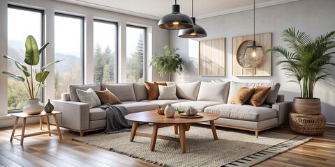 Obraz premium Sleek, minimalist living room features a plush sectional sofa, natural textiles, and eclectic decor, blending bohemian flair with Scandinavian simplicity and elegance.
