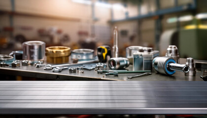 A metal blank tabletop with blurred automotive tools and parts in the background suitable for promoting automotive products