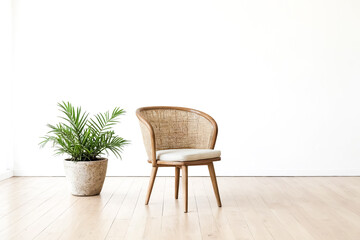 Minimalist Interior with Rattan Chair and Green Plant