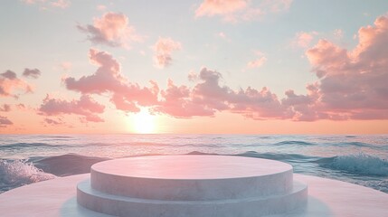 Relaxing sunset on the beach with a sleek modern bench in view.