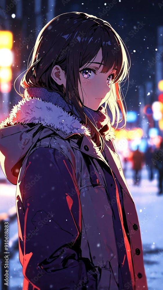 Poster anime girl in purple winter coat character illustration cartoon design