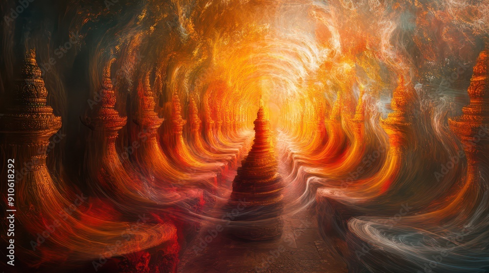 Aufkleber a painting of a long tunnel with many towers and a small tower in the middle