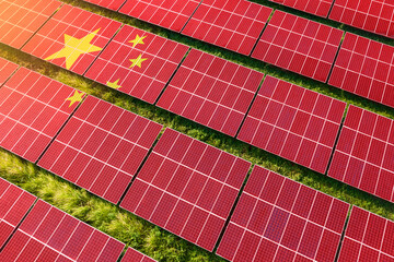 Solar farm superimposed with flag of China. Symbolizing solar power and panel demand, renewable...