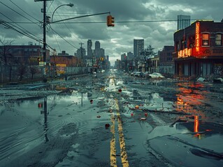 Fototapeta premium Deserted Urban Street After Rainstorm With Reflections From Distant City Lights
