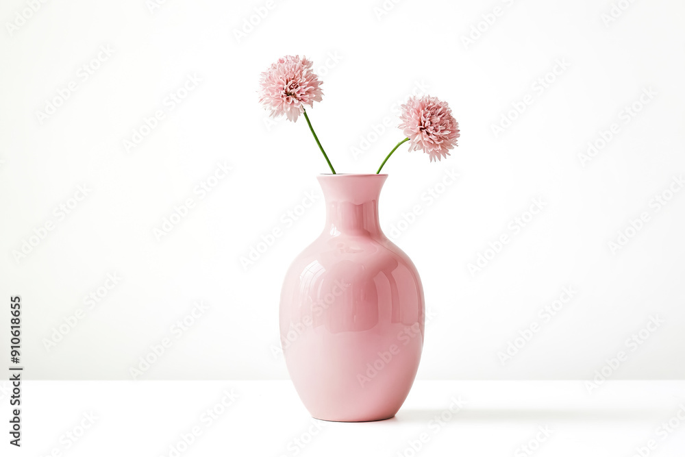 Poster Pink Vase with Pink Flowers on a White Background