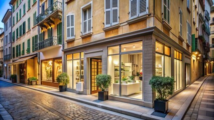 Upscale cosmetics boutique with sleek signage and modern architecture, nestled among historic buildings in the picturesque French Riviera city of Nice, France.
