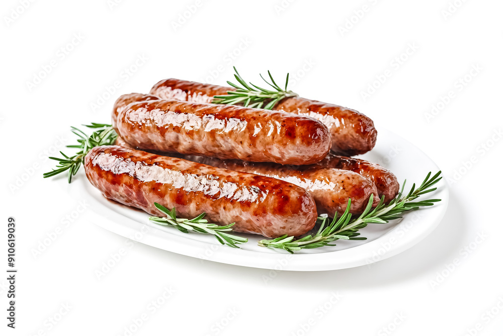 Poster grilled sausages with rosemary on white plate