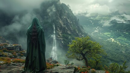 Mysterious Figure Gazing at Majestic Mountain Landscape Under Cloudy Skies at Dusk