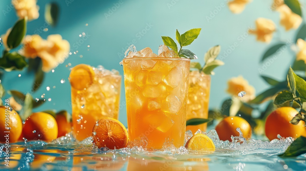 Poster three glasses of orange juice with ice cubes and a few oranges on the table