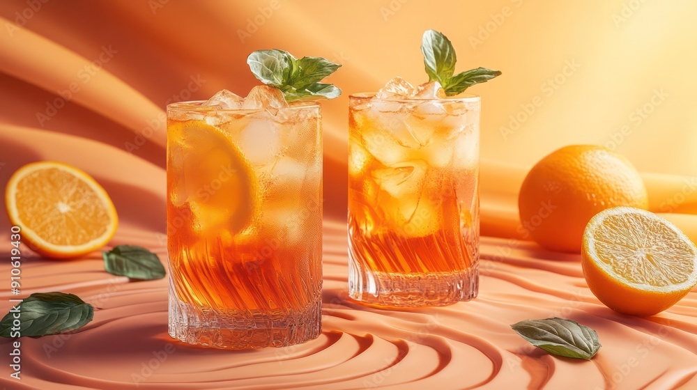 Poster two glasses of orange juice with ice and a few oranges on a table