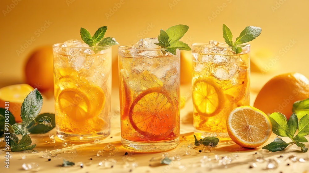 Poster Three glasses of lemonade with ice and lemon slices on a table