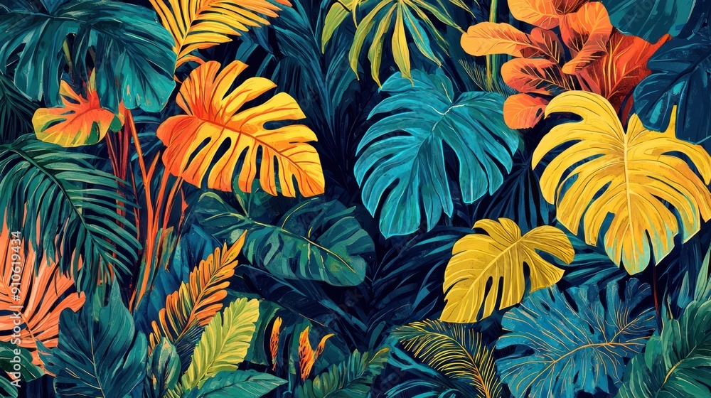 Aufkleber a colorful painting of a jungle with many different types of leaves