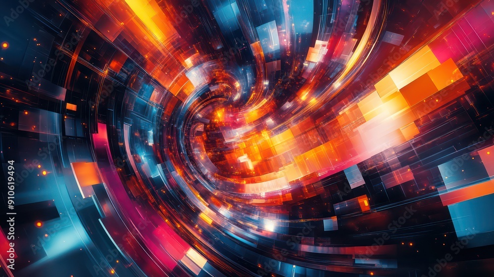Poster a colorful spiral of squares and rectangles with a bright orange center