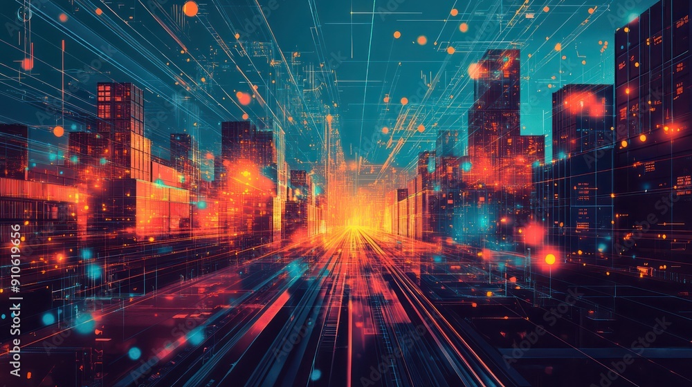 Poster a cityscape with a train running through it