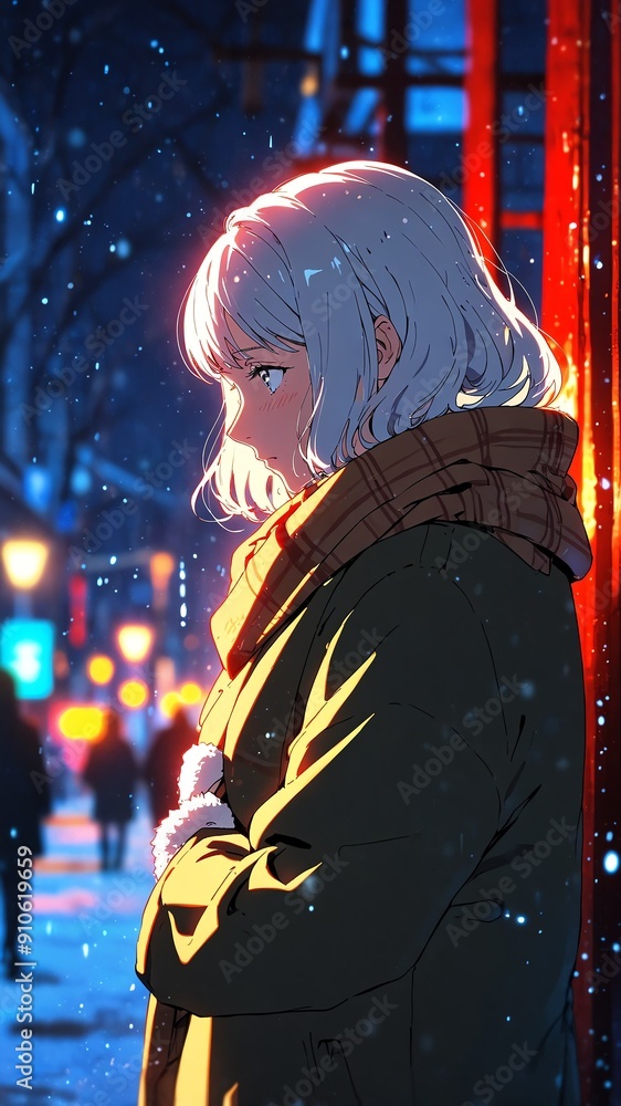 Poster anime grandmother in winter coat character illustration cartoon design