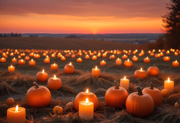 a beautiful fall landscape, field with pumpkin and candles at sunset, blurred background