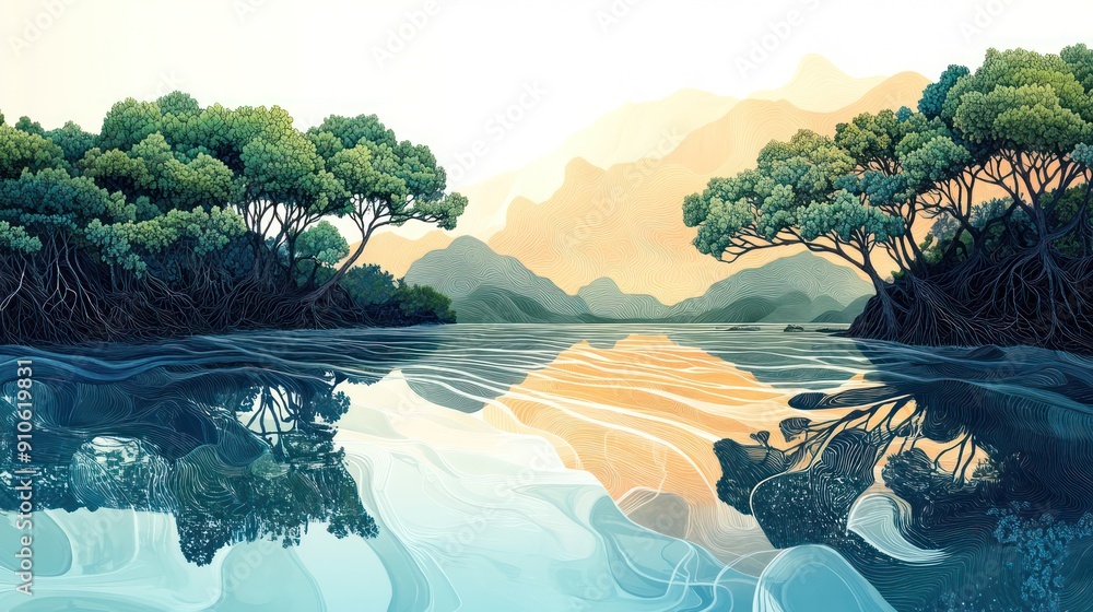 Poster a painting of a lake with trees in the background