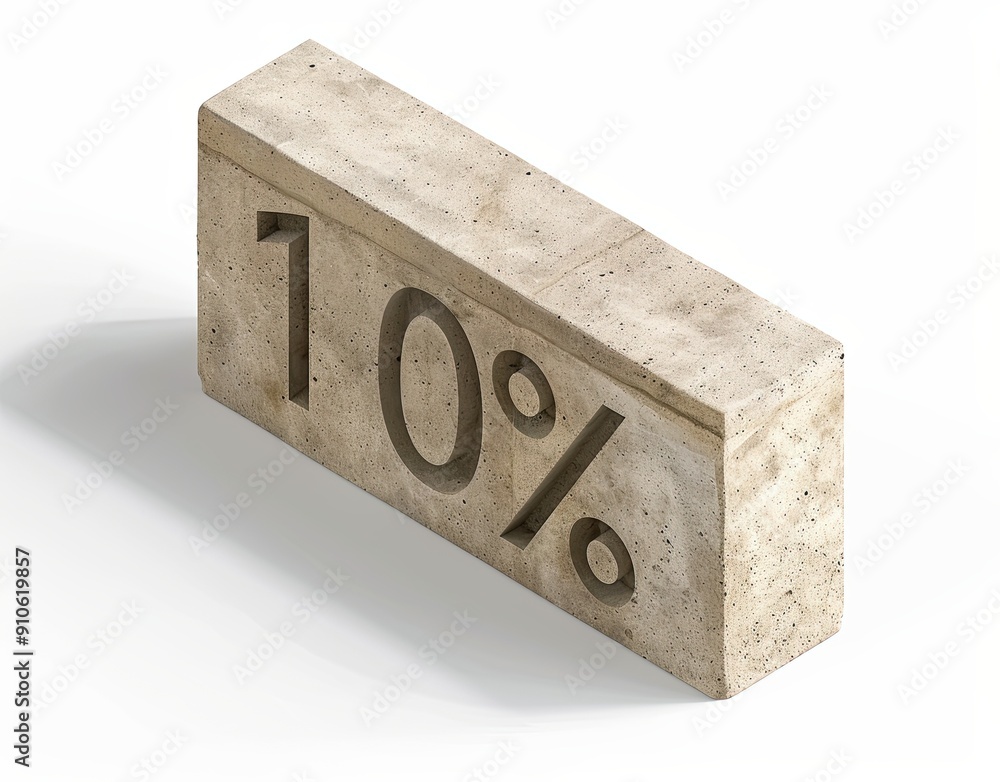 Poster concrete block displaying '10%' in bold relief, symbolizing percentage or commitment on a minimalist