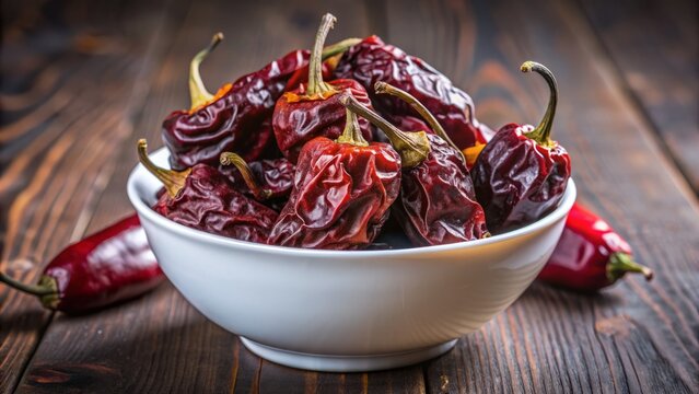 Vibrant, dark red chipotle Morita pepper, smoked to perfection, fills a sleek white bowl, showcasing its rich, smoky flavor and spicy aroma in isolation.