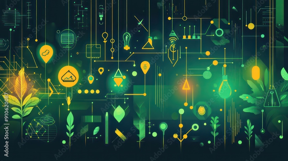 Poster A green background with many different shapes and symbols, including a tree