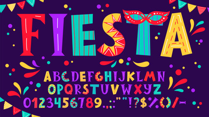 Circus funny font, carnival typeface, doodle cute type, kids English alphabet. Cartoon vector fiesta themed abc letters, signs and numbers set, featuring playful festive party lettering style