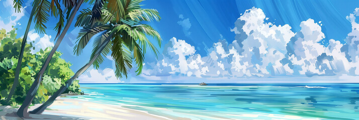Beautiful Seaside Scenery with Coconut Trees and Empty Beach Space for Relaxation and Vacation Concepts. Perfect Tropical Getaway.