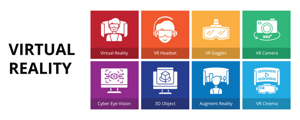 Virtual Reality Glyph Solid Banner Web Icon Set Vector Illustration, Virtual Reality VR Headset Goggles Camera Cyber Eye Vision 3d Object Augmented Reality Cinema