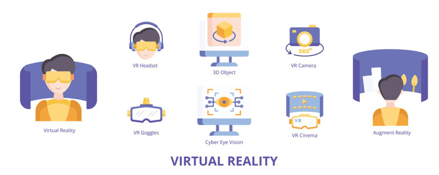 Virtual Reality Flat Banner Web Icon Set Vector Illustration, Virtual Reality VR Headset Goggles Camera Cyber Eye Vision 3d Object Augmented Reality Cinema