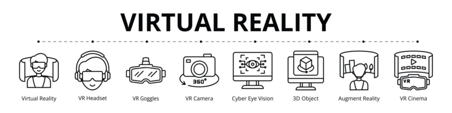 Virtual Reality Line Banner Web Icon Set Vector Illustration, Virtual Reality VR Headset Goggles Camera Cyber Eye Vision 3d Object Augmented Reality Cinema