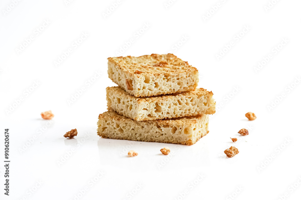 Poster Stack of three crunchy square crackers with crumbs on a white background