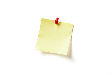 Blank Yellow Sticky Note with Red Push Pin on White Background
