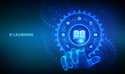 E-learning. Innovative online education concept. Webinar, teaching, online training courses. Skill development. Wireframe hand touching digital interface with connected gears cogs and icons. Vector.