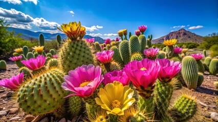 Vibrant pink and yellow cactus flowers bloom in the arid Utah desert landscape, surrounded by towering saguaro and prickly pear cacti under a clear blue sky.