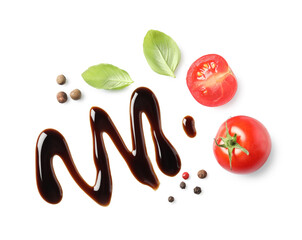 Delicious balsamic vinegar, tomatoes, basil and peppercorns isolated on white, top view