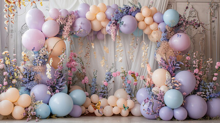 backdrop balloon inspiration with pastel colors purple blue and pink